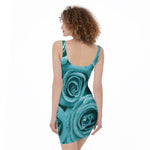 Turquoise Rose Flower Print Sleeveless Bodycon Dress