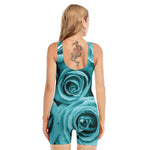 Turquoise Rose Flower Print Sleeveless One Piece Swimsuit