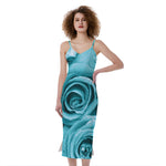 Turquoise Rose Flower Print Slim Fit Midi Cami Dress