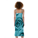 Turquoise Rose Flower Print Slim Fit Midi Cami Dress