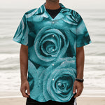 Turquoise Rose Flower Print Textured Short Sleeve Shirt