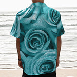 Turquoise Rose Flower Print Textured Short Sleeve Shirt