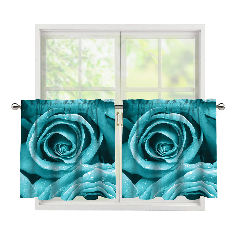 Turquoise Rose Flower Print Tier Curtains
