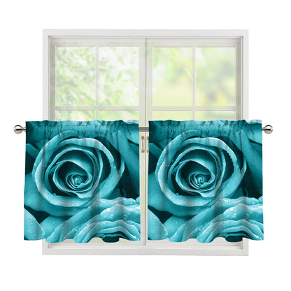 Turquoise Rose Flower Print Tier Curtains