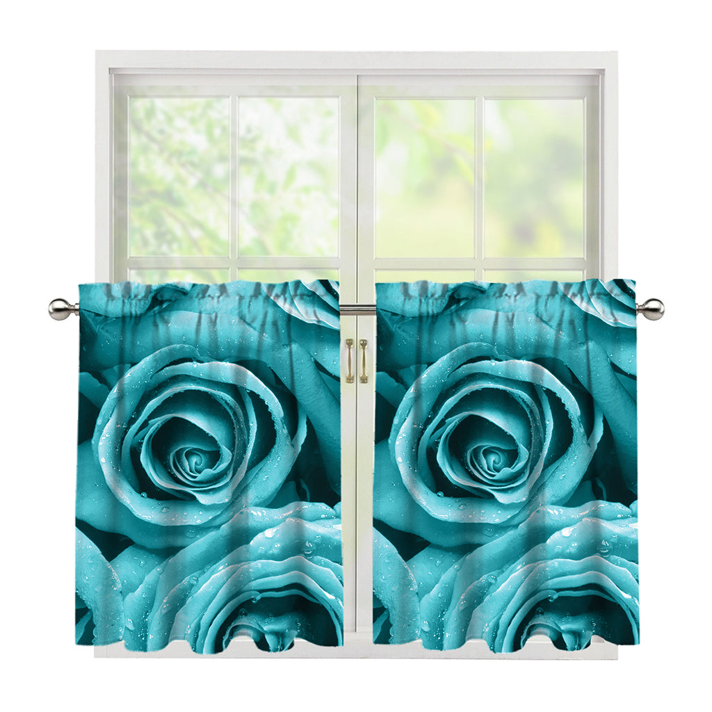 Turquoise Rose Flower Print Tier Curtains