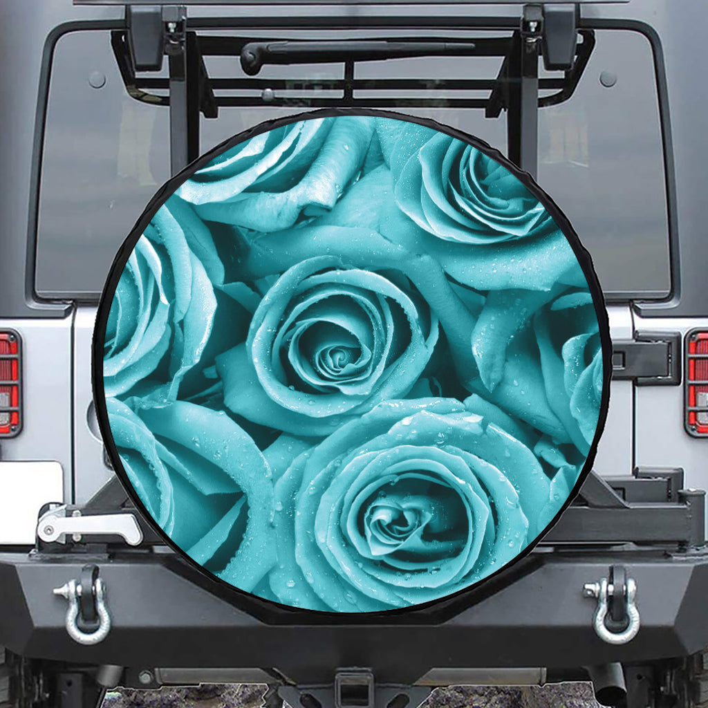 Turquoise Rose Flower Print Tire Cover