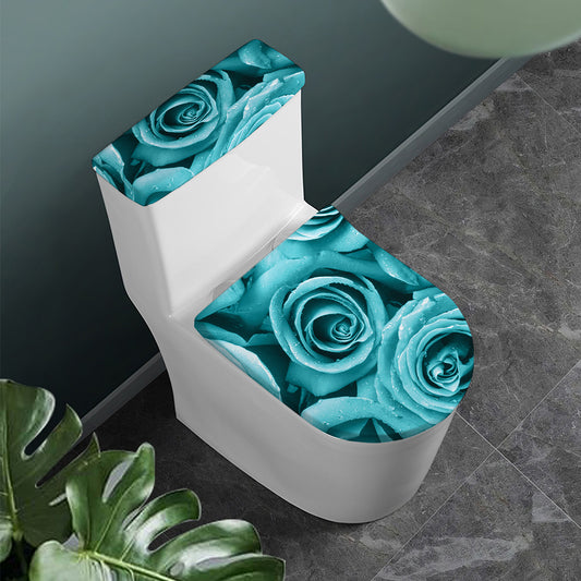 Turquoise Rose Flower Print Toilet Lid And Tank Cover Set