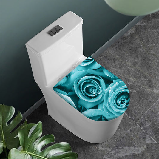 Turquoise Rose Flower Print Toilet Lid Cover
