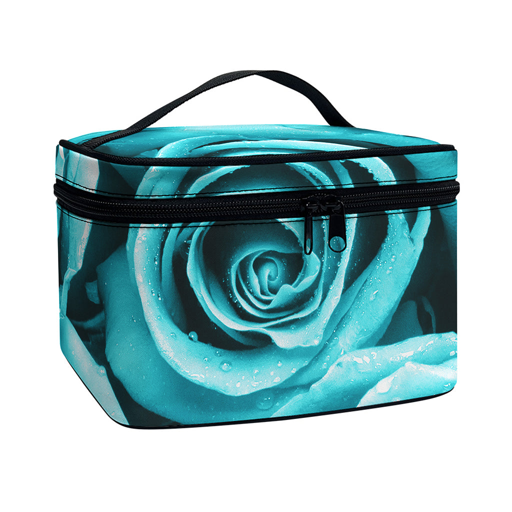 Turquoise Rose Flower Print Travel Makeup Bag