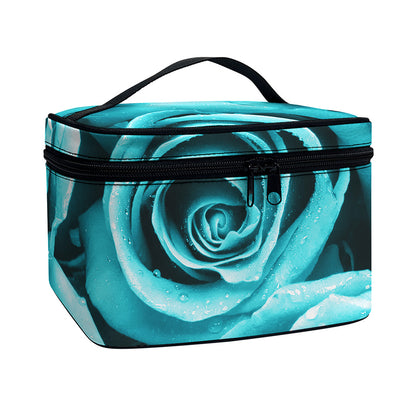 Turquoise Rose Flower Print Travel Makeup Bag