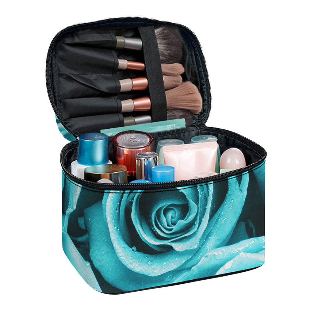 Turquoise Rose Flower Print Travel Makeup Bag