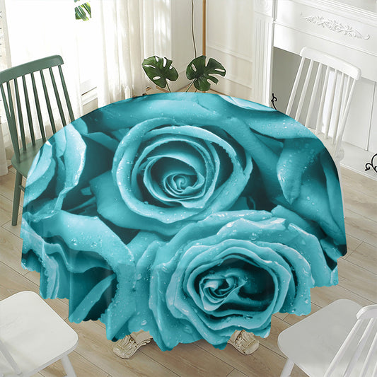 Turquoise Rose Flower Print Waterproof Round Tablecloth