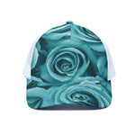 Turquoise Rose Flower Print White Mesh Trucker Cap