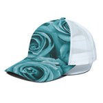 Turquoise Rose Flower Print White Mesh Trucker Cap
