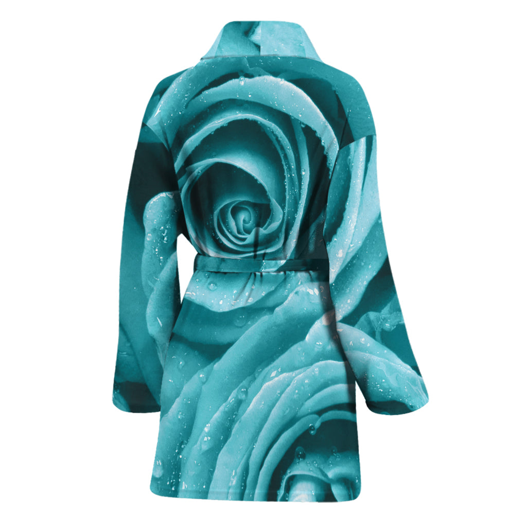 Turquoise Rose Flower Print Women's Bathrobe