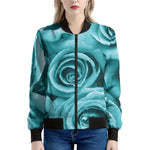 Turquoise Rose Flower Print Women's Bomber Jacket