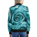 Turquoise Rose Flower Print Women's Bomber Jacket