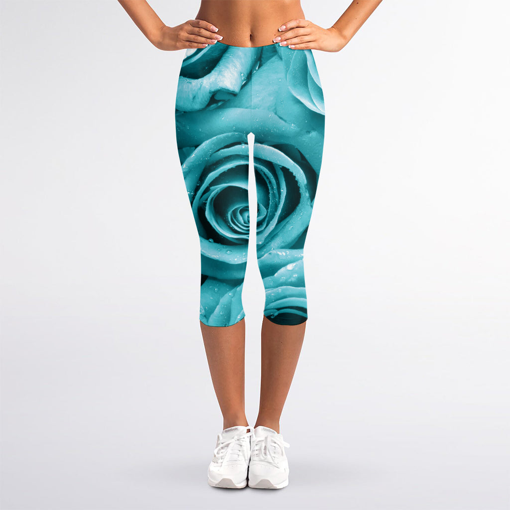 Turquoise Rose Flower Print Women's Capri Leggings
