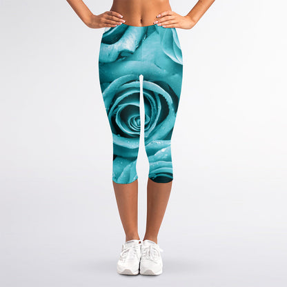 Turquoise Rose Flower Print Women's Capri Leggings