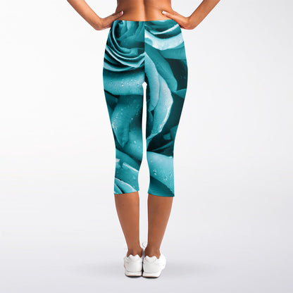 Turquoise Rose Flower Print Women's Capri Leggings