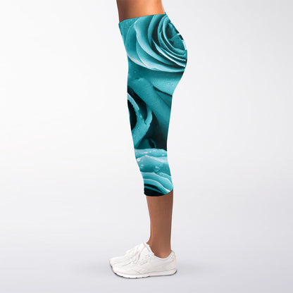 Turquoise Rose Flower Print Women's Capri Leggings