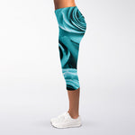 Turquoise Rose Flower Print Women's Capri Leggings