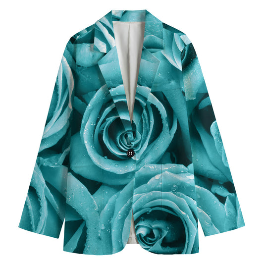 Turquoise Rose Flower Print Women's Cotton Blazer