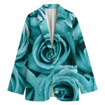 Turquoise Rose Flower Print Women's Cotton Blazer