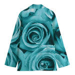 Turquoise Rose Flower Print Women's Cotton Blazer
