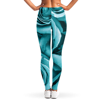 Turquoise Rose Flower Print Women's Leggings