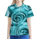 Turquoise Rose Flower Print Women's Polo Shirt