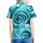 Turquoise Rose Flower Print Women's Polo Shirt