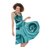 Turquoise Rose Flower Print Women's Sleeveless Dress