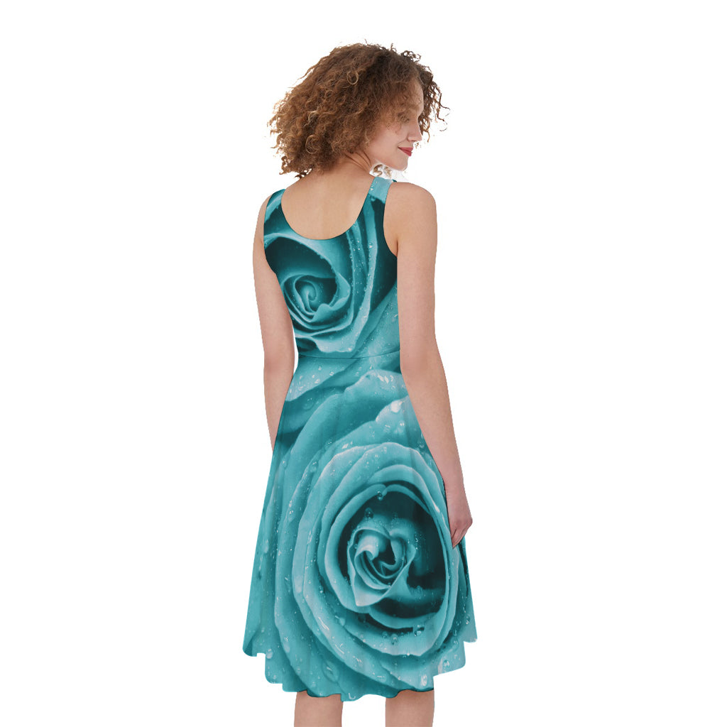 Turquoise Rose Flower Print Women's Sleeveless Dress