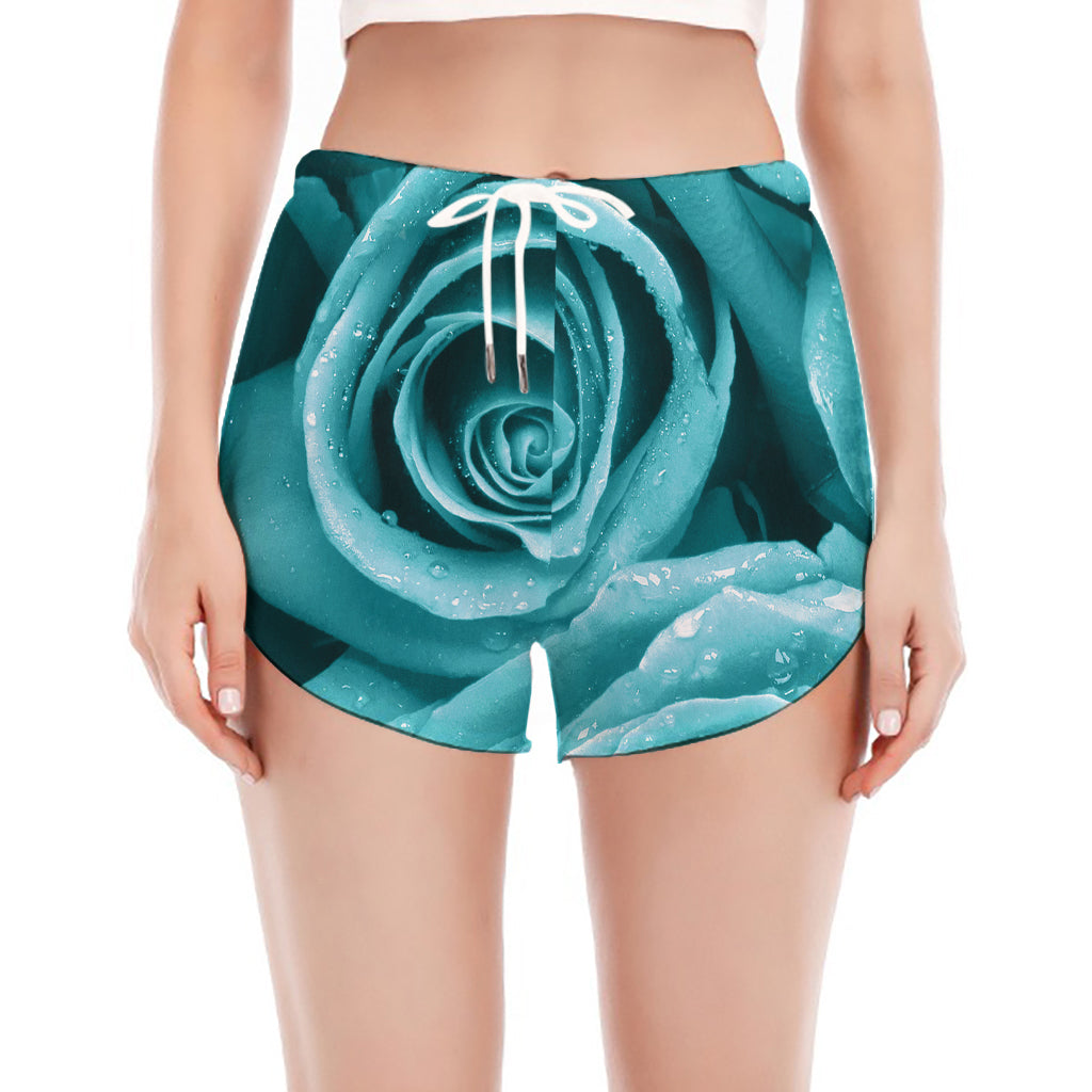 Turquoise Rose Flower Print Women's Split Running Shorts