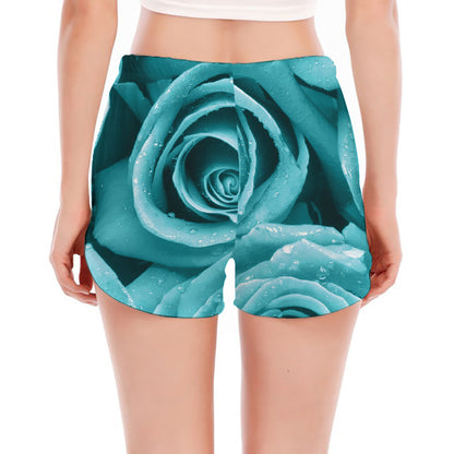 Turquoise Rose Flower Print Women's Split Running Shorts