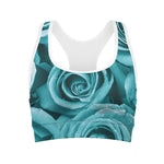 Turquoise Rose Flower Print Women's Sports Bra