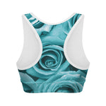 Turquoise Rose Flower Print Women's Sports Bra
