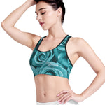 Turquoise Rose Flower Print Women's Sports Bra