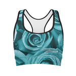 Turquoise Rose Flower Print Women's Sports Bra