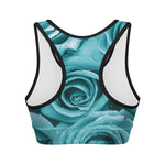 Turquoise Rose Flower Print Women's Sports Bra