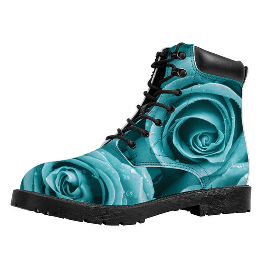 Turquoise Rose Flower Print Work Boots
