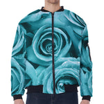 Turquoise Rose Flower Print Zip Sleeve Bomber Jacket