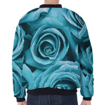 Turquoise Rose Flower Print Zip Sleeve Bomber Jacket