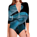 Turquoise Snake Print Long Sleeve Swimsuit