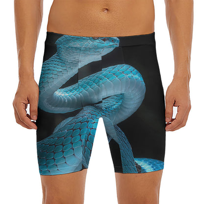 Turquoise Snake Print Men's Long Boxer Briefs