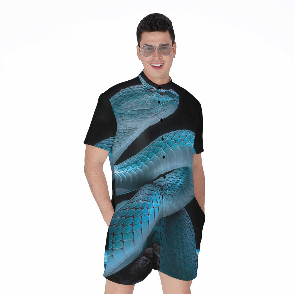 Turquoise Snake Print Men's Rompers