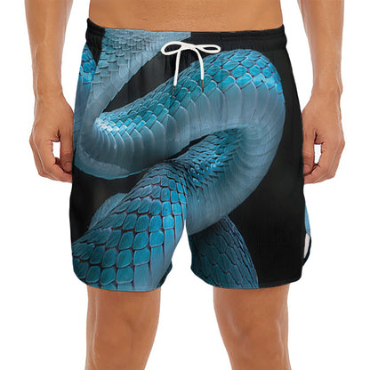 Turquoise Snake Print Men's Split Running Shorts