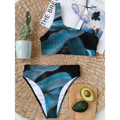 Turquoise Snake Print One Shoulder Bikini Top