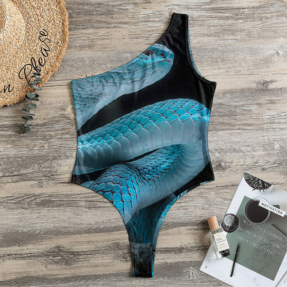 Turquoise Snake Print One Shoulder Bodysuit
